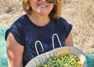 Smiling woman holding a basket of freshly hand-picked organic olives, naturally high in polyphenols, for premium extra virgin olive oil production.